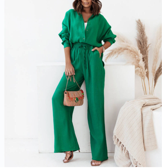 Loose Wrinkled Long-Sleeved Shirt & Wide-Leg Pants Casual Suit